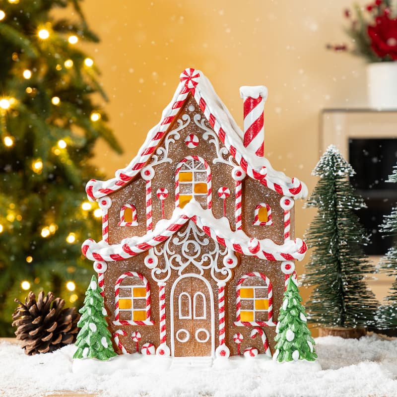 Glitzhome Lighted Christmas Gingerbread House Resin Village Xmas Table Decor Collectible Figurines