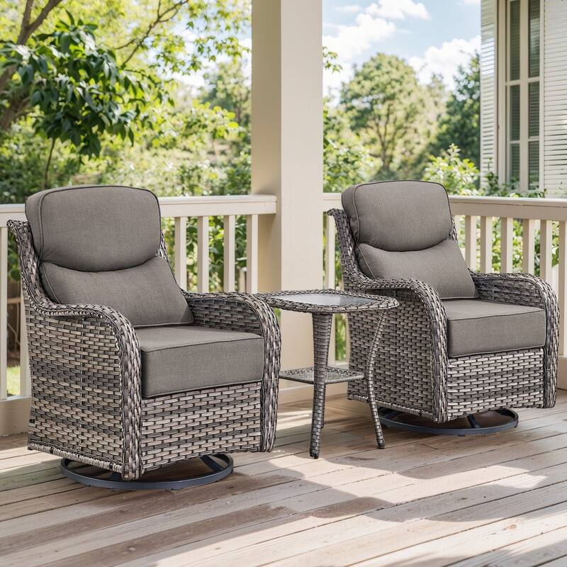 Outdoor Swivel Glider Rattan Chair Set - 3PCS Swivel Chair with Side Table - Grey Rattan - Beige Cushion