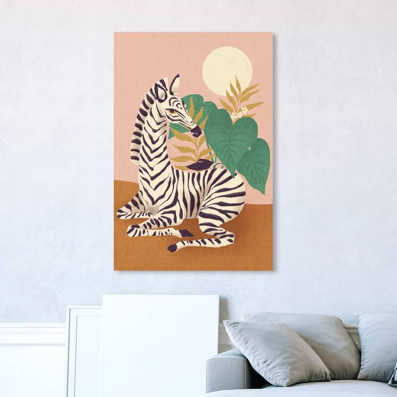 Wynwood Studio Canvas Animals Sunbathing Zebra Yellow and Mustard Shabby Chic Wall Art Canvas Print - 45 x 30