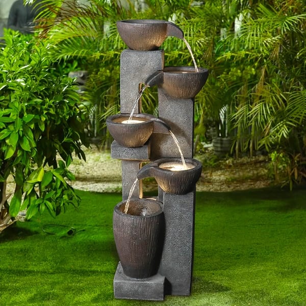 slide 2 of 17, 5-Tier Outdoor Water Fountain w/LED Lights Garden Waterfall for Home Polyresin - Floor/Lighted - Grey