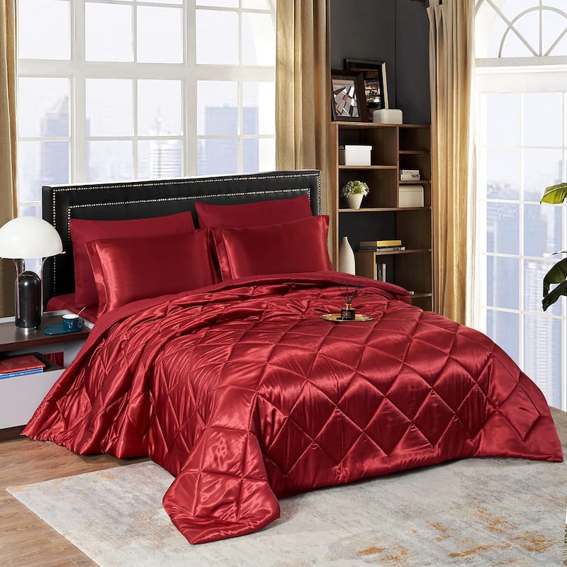 8 Piece Satin Silky Comforter Set Quilted Bedding Sets