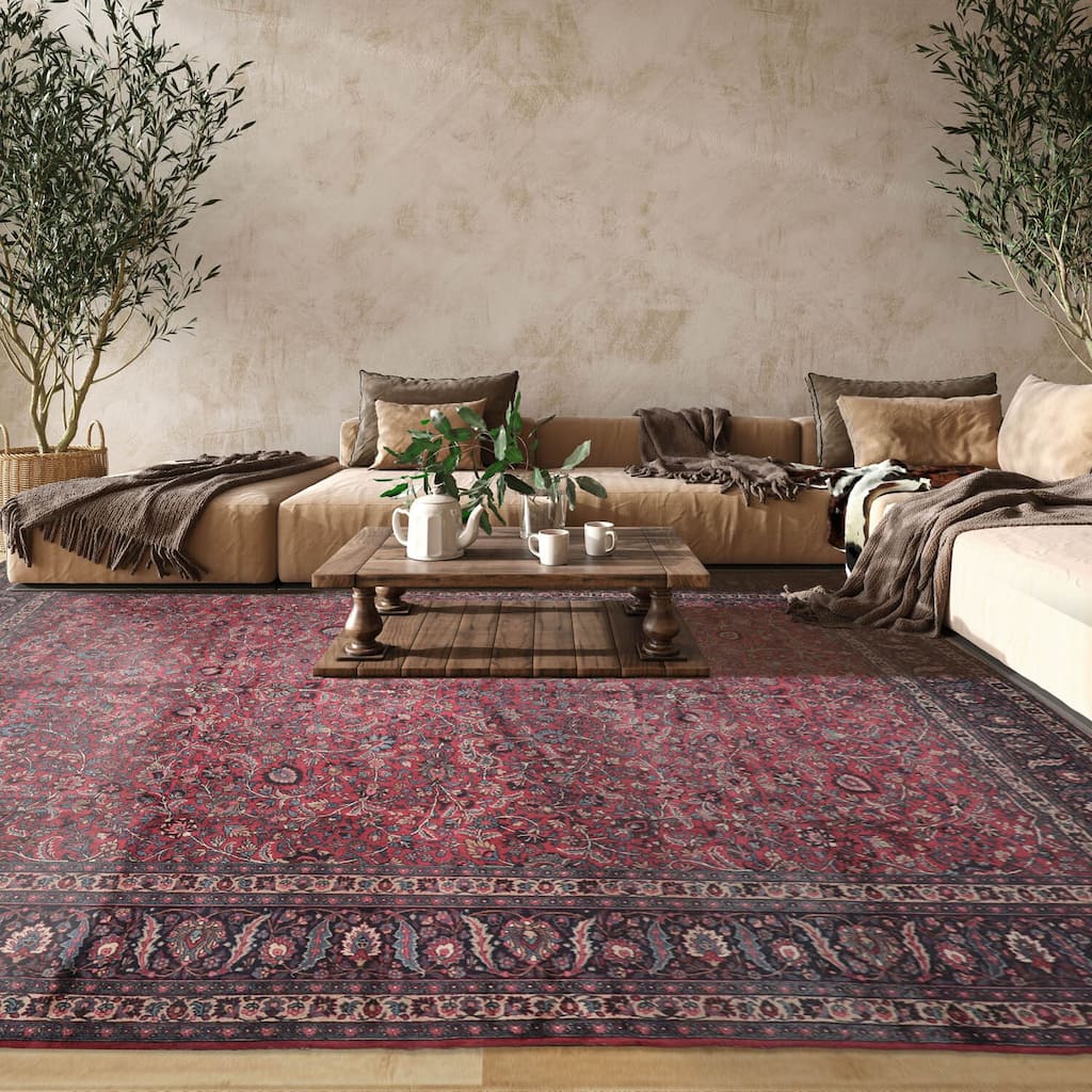 Hand Knotted Mashad Burgundy 100% Wool Traditional Oriental Area Rug - 12' 4'' x 16' 7''