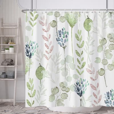 Watercolor Plants Green Leaves Branch Shower Curtain Set, 72x72 Inches