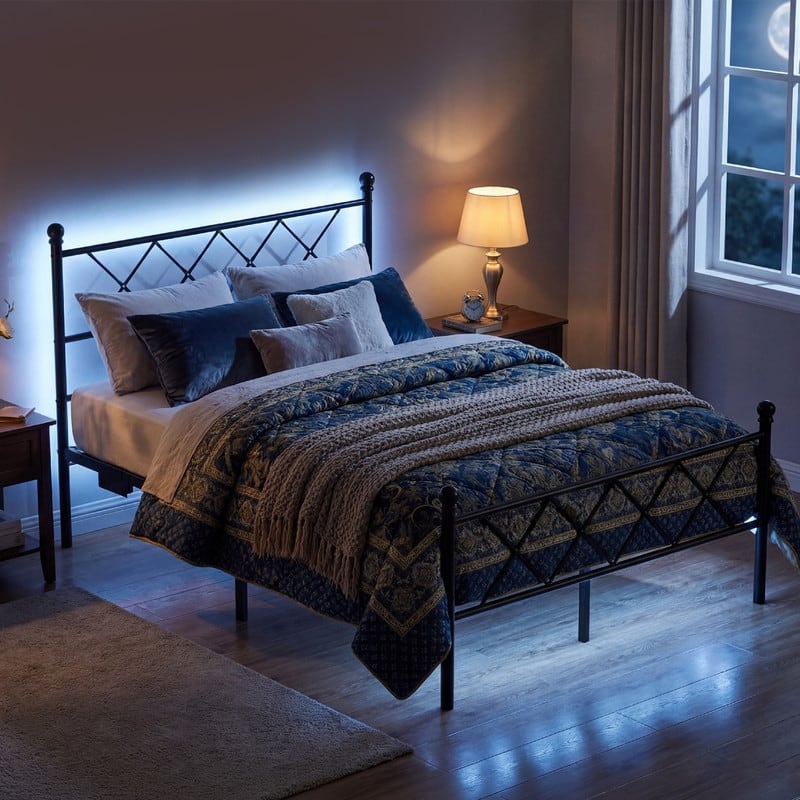 Full Size Metal Platform Bed with RGB LED Lights,Charging Station,Heavy Duty,Remote and App Control,Under Bed Storage