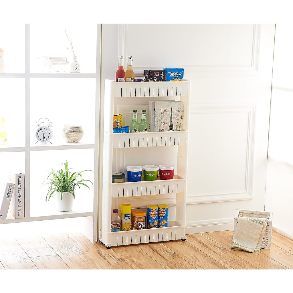 Basicwise Slim 4-shelf Rolling Pull-out Cart Rack Tower Storage Cabinet Organizer