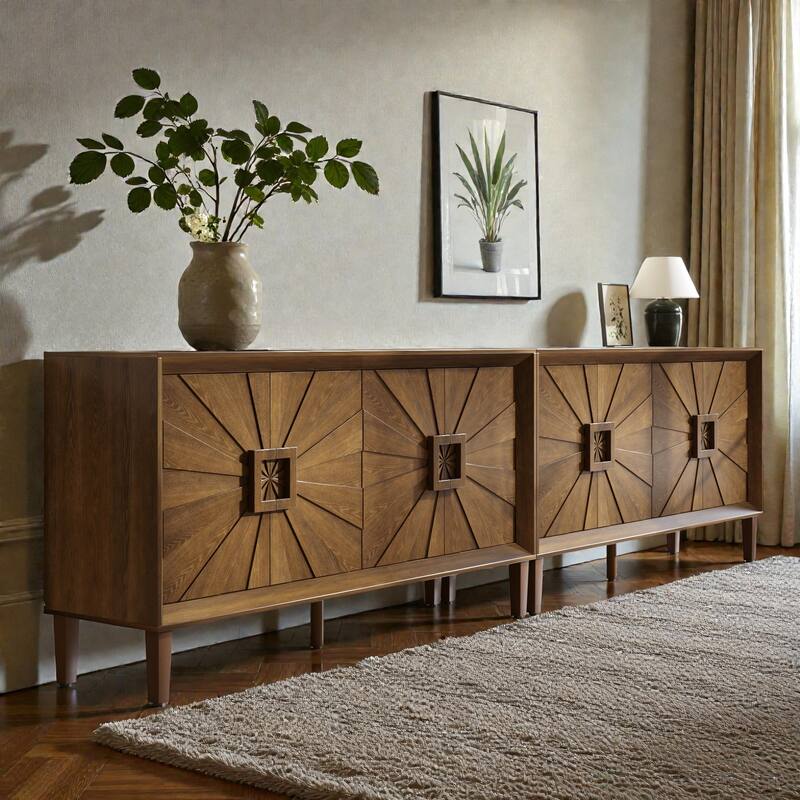 60'' Rustic American Farmhouse Credenza with Sunburst Doors, Antique Wood TV Stand with Adjustable Shelves