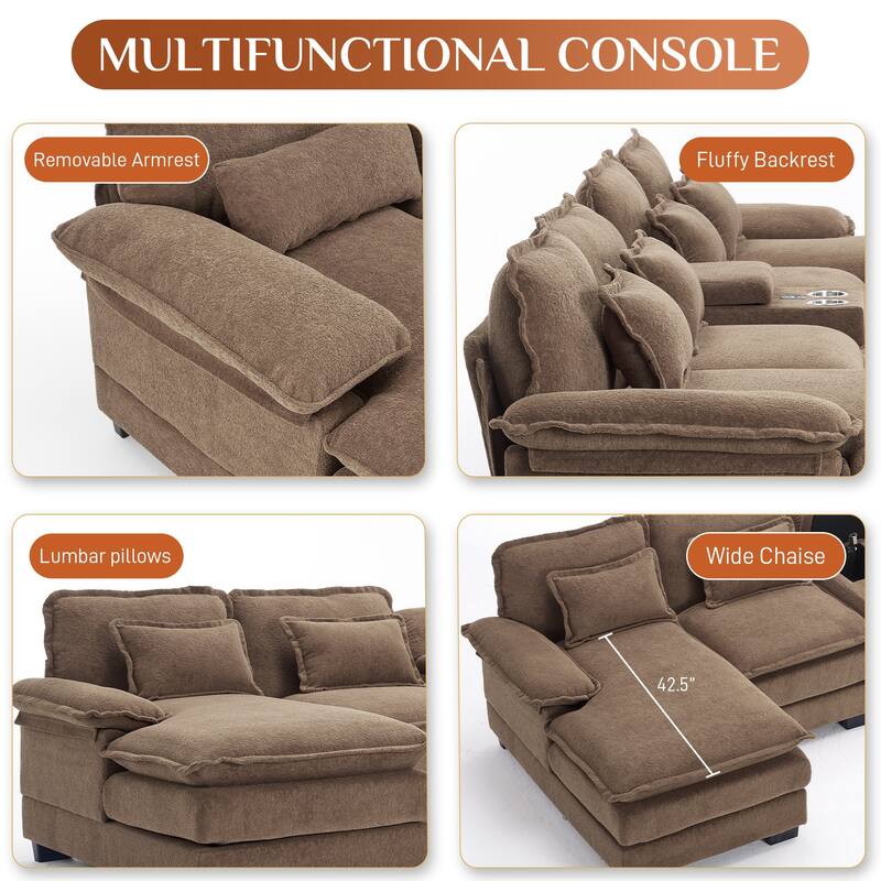 U-shaped Sectional Sofa Chenille Fabric Doudle Layer Cushion with USB Central Console