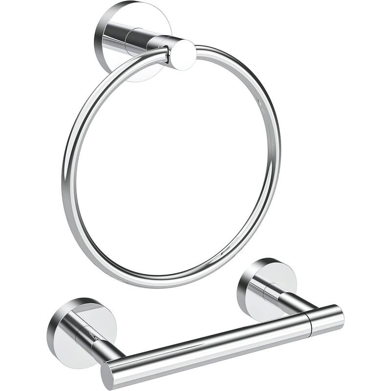 2-Piece Wall Mount Hardware Set 304 Stainless Steel Toilet Paper Holder and Towel Ring - Silver