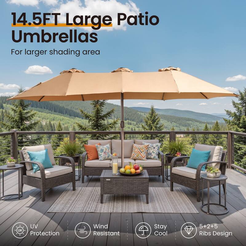 ​OVIOS 15ft Double-Sided Patio Umbrella with Crank & Weighted Sandbag Base
