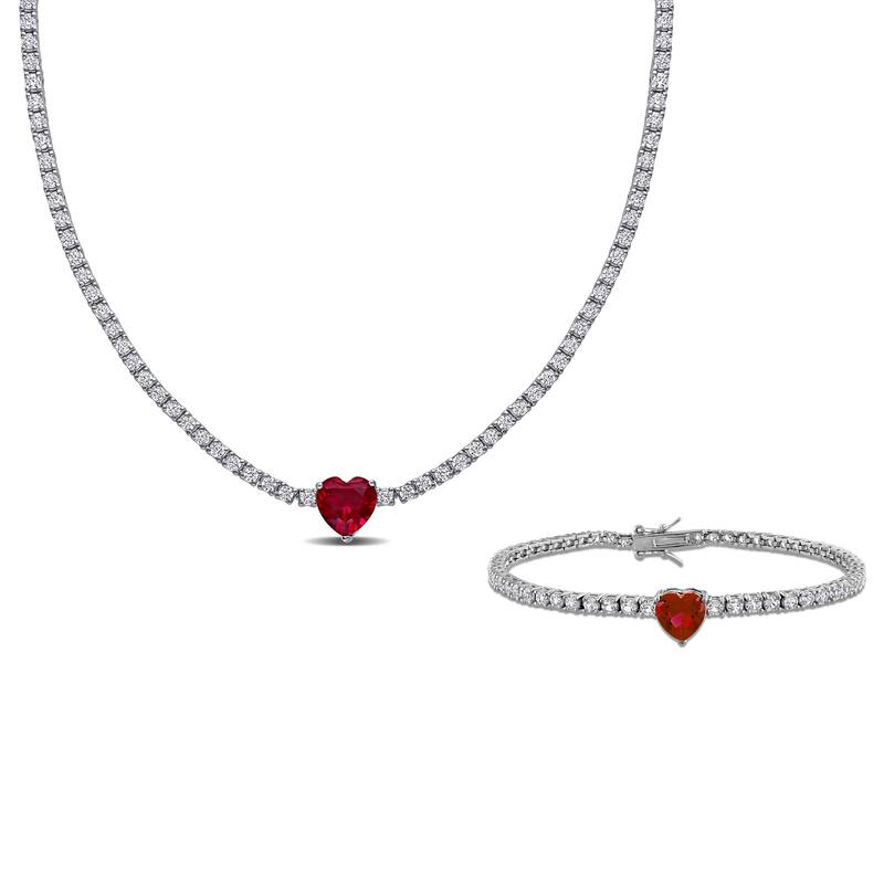 Miadora Sterling Silver Created Gemstone Necklace and Bracelet Set - Red