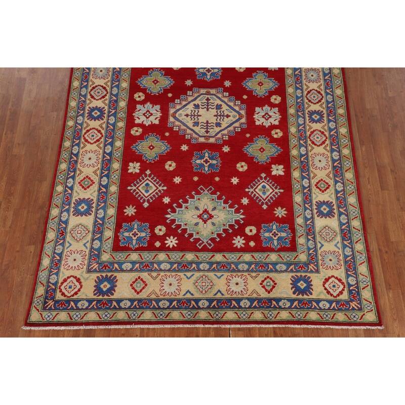 Geometric Red Kazak Oriental Area Rug Living Room Handmade Wool Carpet - 6'7" x 9'10"