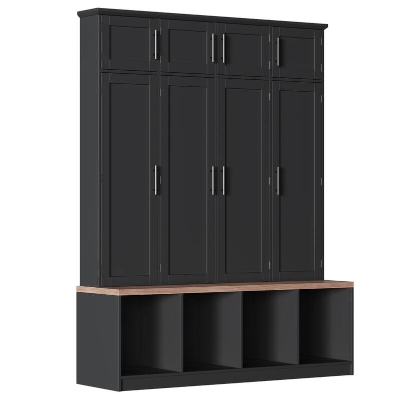 Farmhouse Hall Tree with 4 Hidden Hanging Hooks, Wood Bench Entryway Shoe Cabinet, Large 8 Doors Storage Cabinet for Foyer