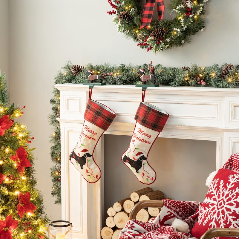 Glitzhome 21"L Embroidered Linen Red Truck Dachshund Christmas Stocking