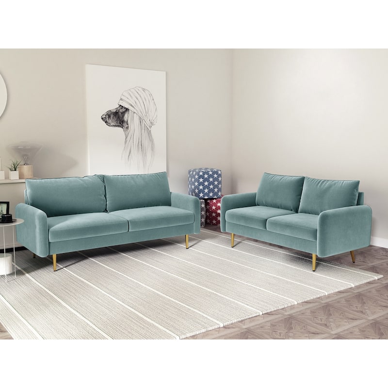 Velvet 2 Piece Loveseat and Sofa Living Room Set - Light Greyish Cyan - 2 Piece