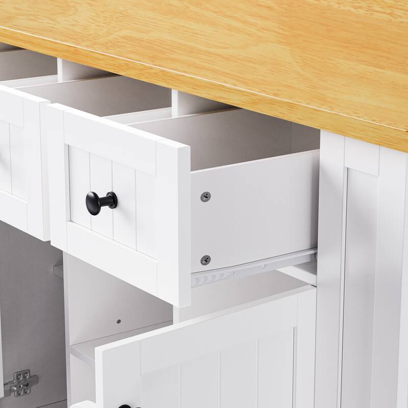 53.14'' Kitchen Island with Drop Leaf, Power Outlet, Door Internal Storage Rack, Rolling Wheels and Drawers