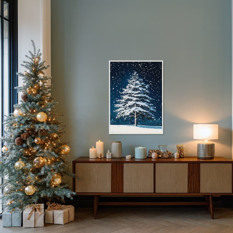Winter Snowy Pine Tree by Pictufy Studio Framed Canvas Wall Art Print - Sylvie Beaded White
