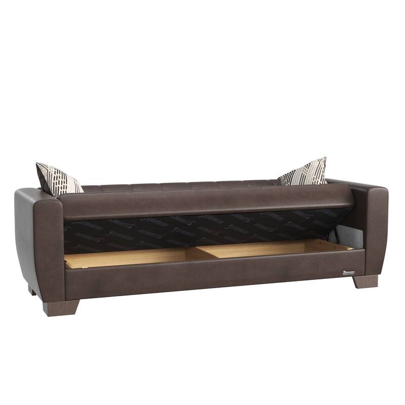 HomeRoots 84" Brown Faux Leather Convertible Futon Sleeper Sofa And Toss Pillows With Storage