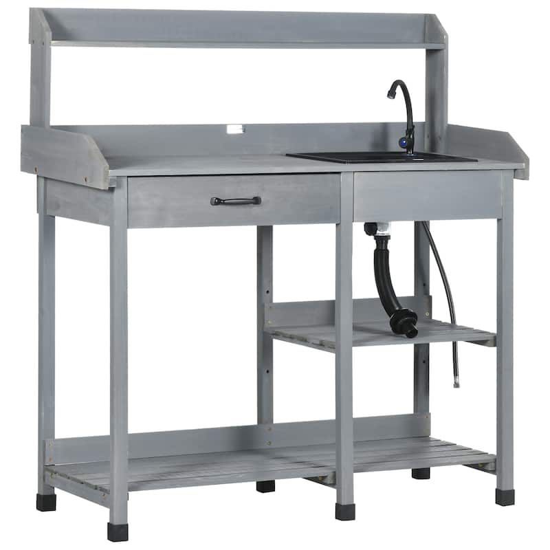 Outsunny Potting Bench Table, Includes Removable Outdoor Sink Station with Hose Hook Up, Wooden Work Station