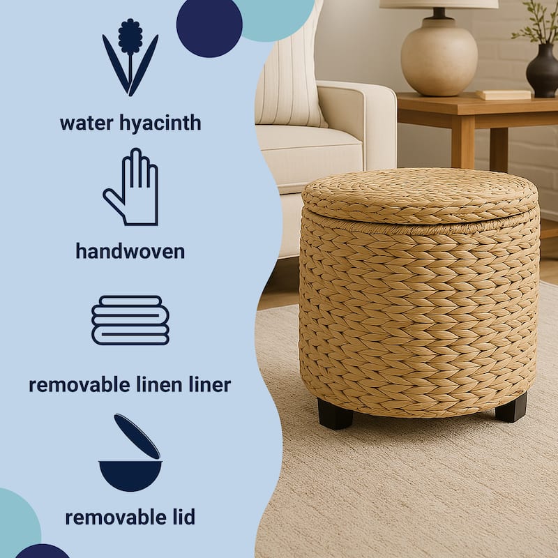 happimess Addie 17.72" Handwoven Water Hyacinth Storage Ottoman with Lid