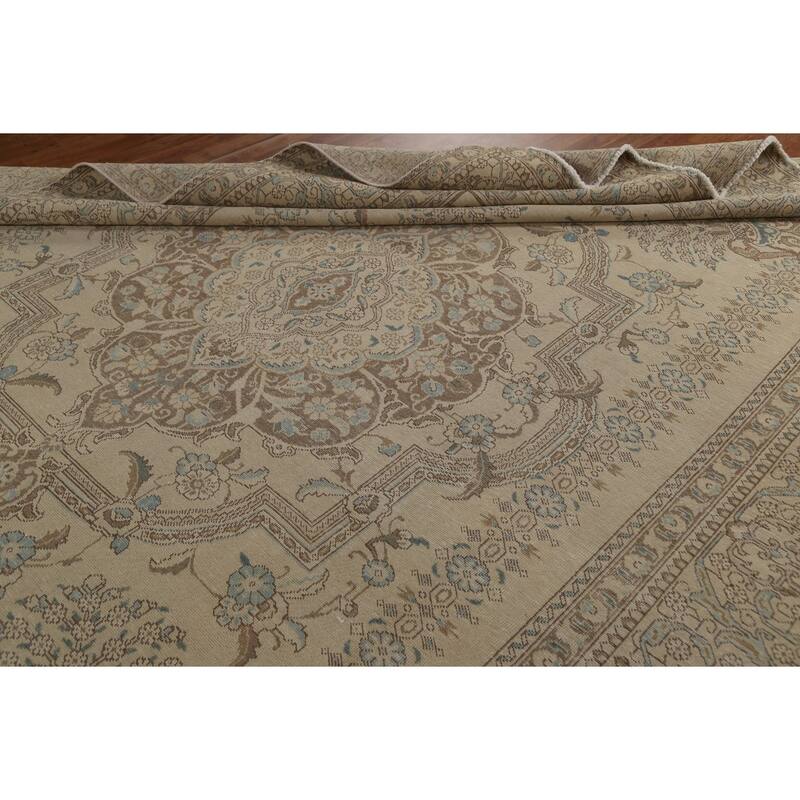 Hand Knotted Oriental 100% Wool Carpet Traditional Floral Beige & Ivories Tabriz Area Rug - 12' 9'' X 9' 7''