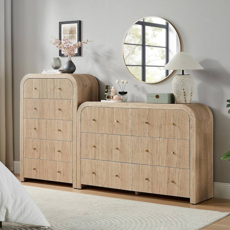 Modern Fluted 5 Drawers Dresser, Wood Chest of Drawers for Bedroom