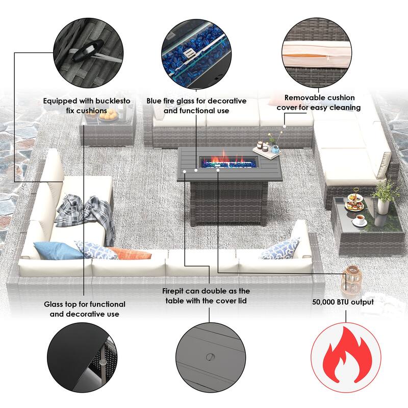 15 Piece Wicker Set Patio Sofa Furniture with Fire Pit And Table