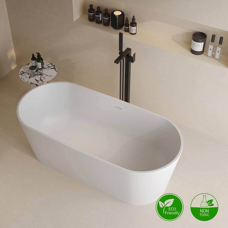 Oval Shaped Stone Resin Freestanding Bathtubs, Solid Surface Matte White Soaking Tub with Overflow and Pop-up Drain - Large - White
