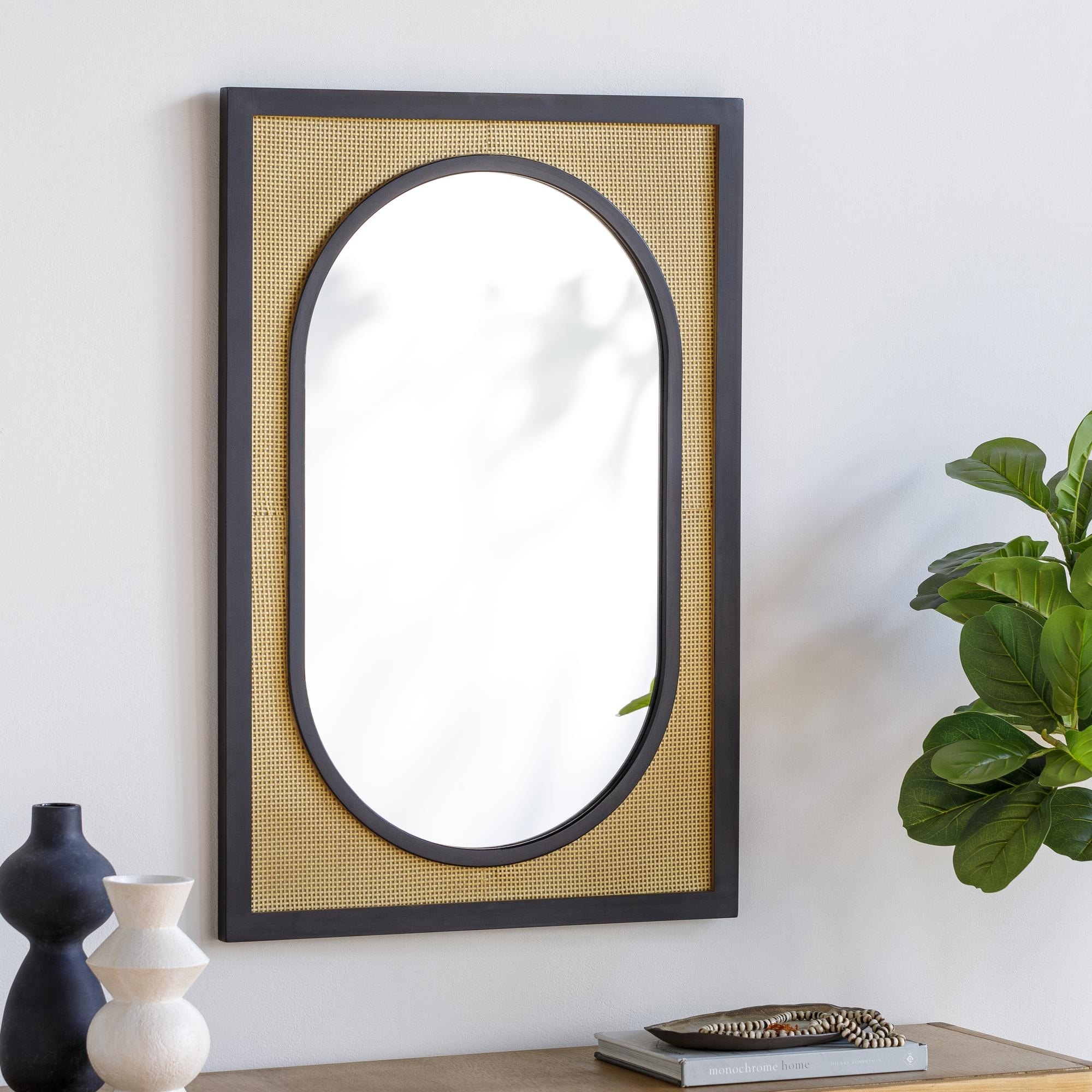 Matheo Modern Boho Cane & Black Rectangular Wall Mirror