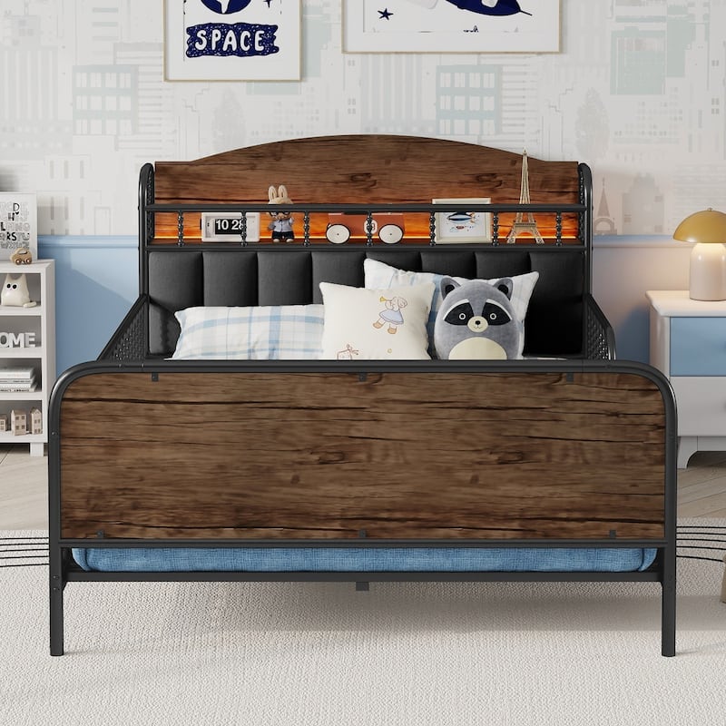 Kids Platform Bed Metal Frame with Linen Fabric Upholstered Storage Headboard Built-in Light Strip, Both Sides Rails