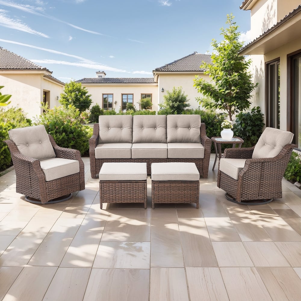 Gymojoy 6-Piece Wicker Patio Furniture Set, 6-Inch Ultra Thick Cushioned 360° Swivel Glider Chairs & Multifunctional Ottomans