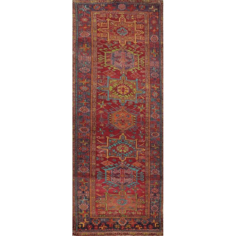 Hand Knotted Oriental 100% Wool Carpet Traditional Geometric Red Heriz Runner Rug - 10' 0'' X 3' 6''