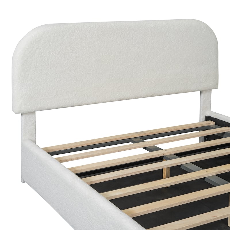 Full Size White Teddy Fleece Upholstered Platform Bed with Hydraulic Storage System Durable MDF Frame