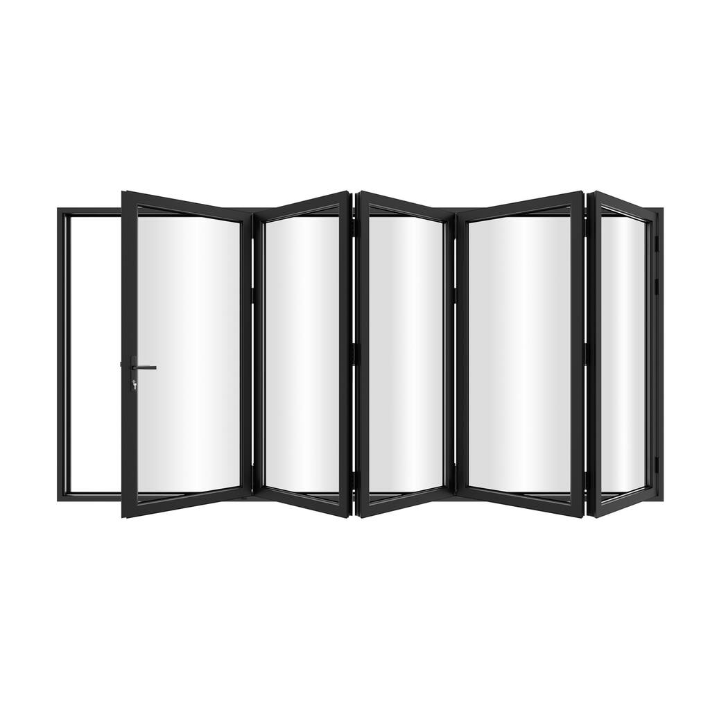 KaMic 168"×80" 5 Panels Aluminum Folding Door In Black,Folded Out From Left To Right Model #:FD5PBK16880-LR