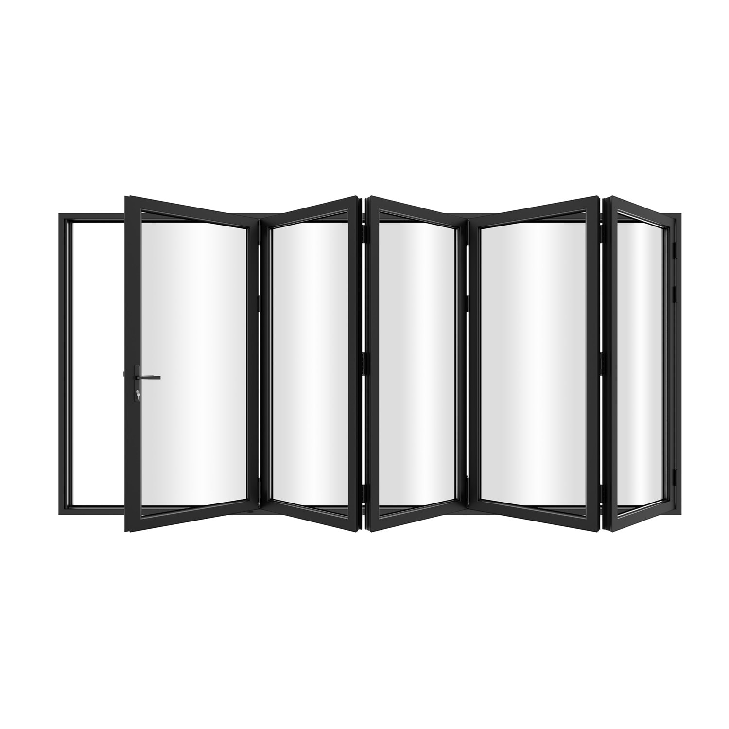 KaMic Versa-Fold 168"×96" 5 Panels Aluminum Folding Door In Black,Folded Out From Left To Right Model #:FD5PBK16896-LR