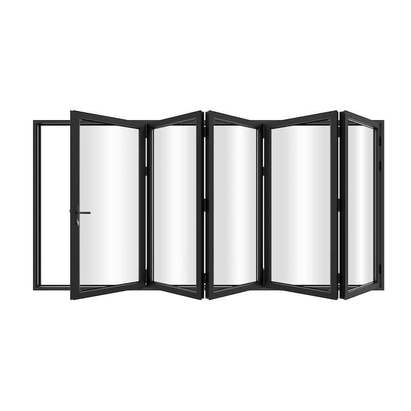 KaMic 168"×96" 5 Panels Aluminum Folding Door In Black,Folded Out From Left To Right Model #:FD5PBK16896-LR - 168×96 - Black