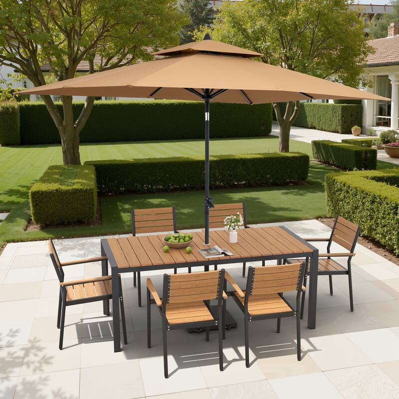 9/11-Piece Patio Dining Set Aluminum Dining Table and Chairs w/10 ft Market Umbrella and Base with Wheels - Set of 9 - Brown Table with Tan Umbrella