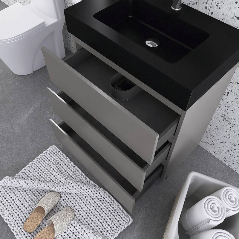 Freestanding Bathroom Vanity with Black Solid Surface Top
