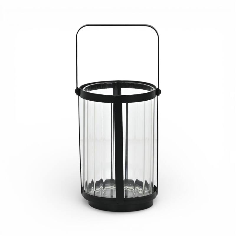 Vortial Fluted Glass Candle Lantern with Black Metal Frame