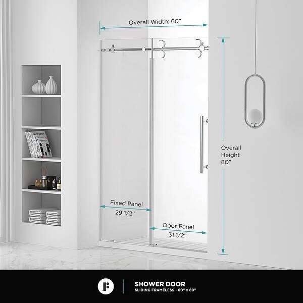 dimension image slide 20 of 25, Fine Fixtures Frameless Clear Sliding Bathroom Shower Door