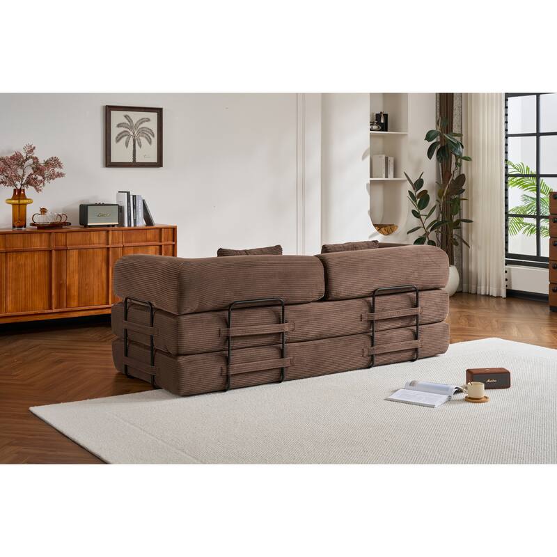 Convertible Sleeper Sofa Bed with Cylindrical Pillow, Corduroy Folding Mattress Couch with Fixed-Shape Frame