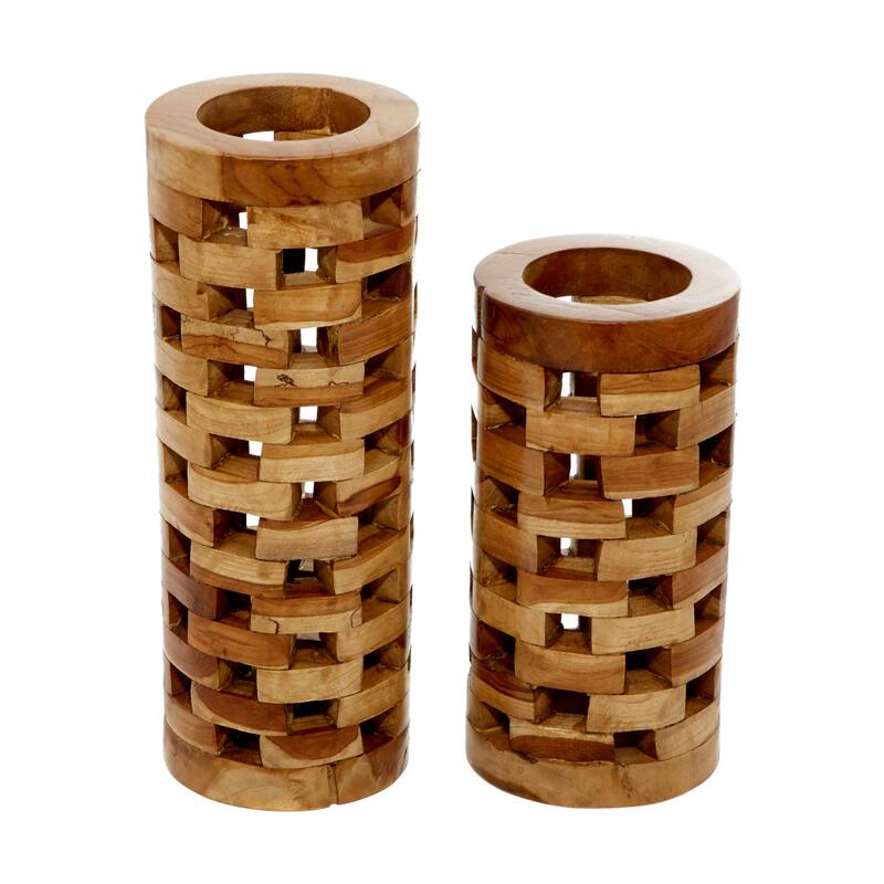 Brown Teak Wood Handmade Decorative Vase with Cut Out Patterns (Set of 2)