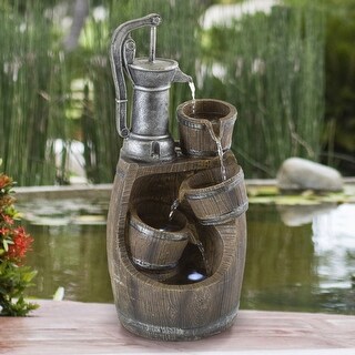Old Fashion Hand Pump Fountain 4-Tier Polyresin Barrel Cascading Waterfall with LED Lights