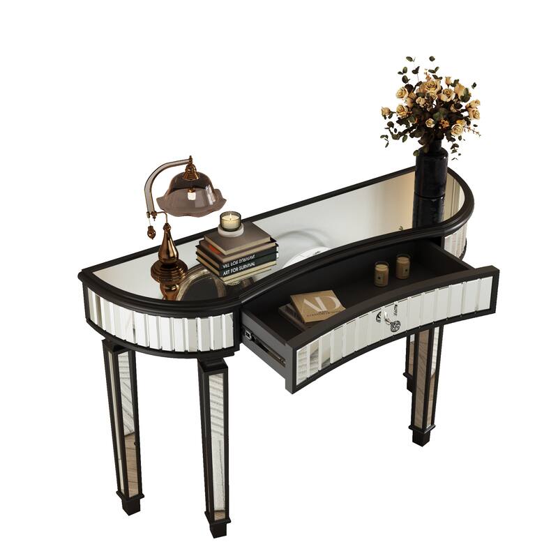 Roomfitters 47" Half-Moon Mirrored Console Table, Fluted Glass Entryway Vanity with Crystal Knob Drawer