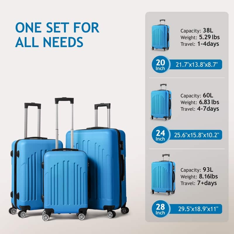 Nested Hardside Luggage Set in Blue, 3 Piece - TSA Compliant