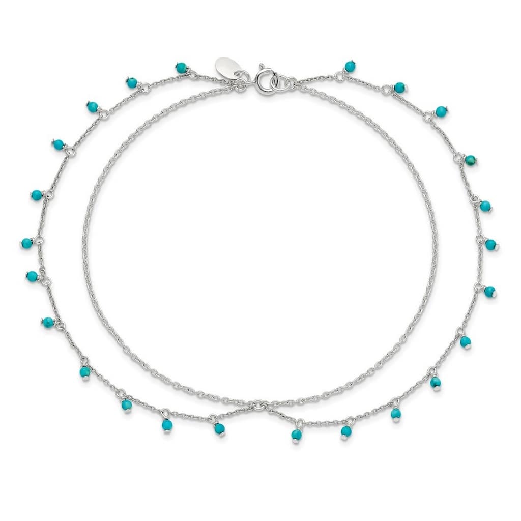 Curata 925 Sterling Silver 10" Simulated Turquoise Double Chain Anklet Bracelet