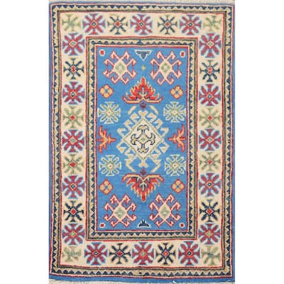 Blue Geometric Kazak Rug Hand-Knotted Oriental Wool Carpet - 2'0" x 2'11"