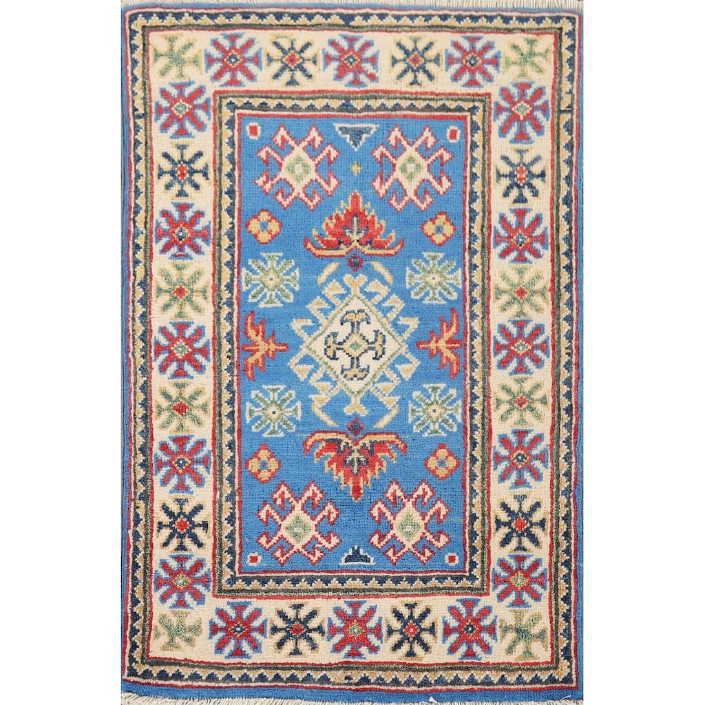 Blue Geometric Kazak Rug Hand-Knotted Oriental Wool Carpet - 2'0" x 2'11"