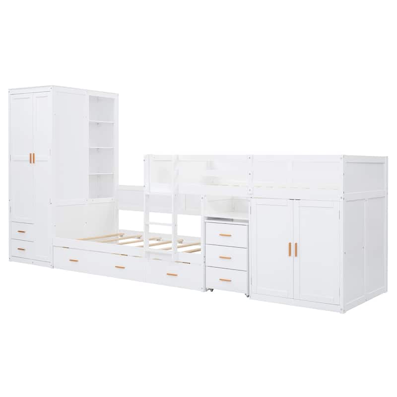 Twin Wooden Bunk Bed with Trundle, Cabinet, Wardrobe, Desk and Drawers, White