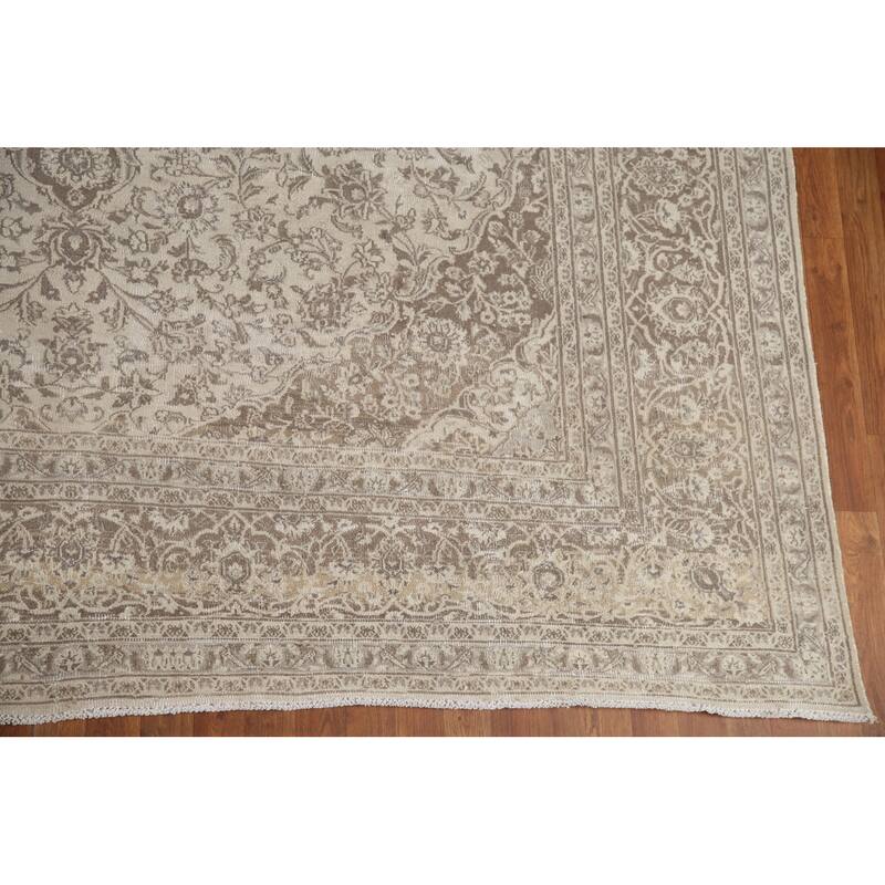 Hand Knotted Oriental 100% Wool Carpet Traditional Floral Beige & Ivories Mashad Area Rug - 12' 1'' X 9' 5''