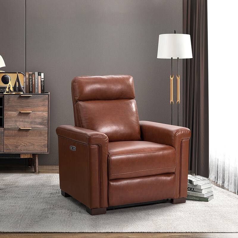 Alicia 34.65" Wide Contemporary Classic Genuine Leather Power Recliner With USB Port - BROWN